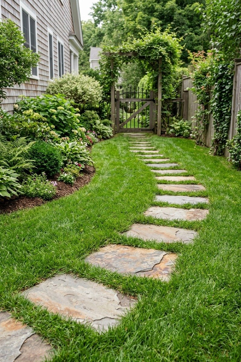 Stepping stones across a lawn