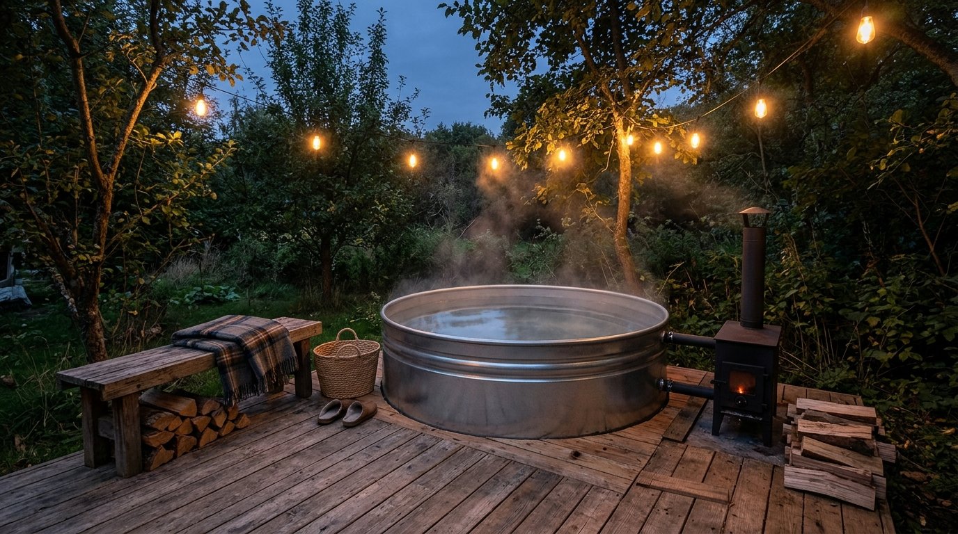 Stock tank hot tub with wood-fired heater and steam on a cool evening