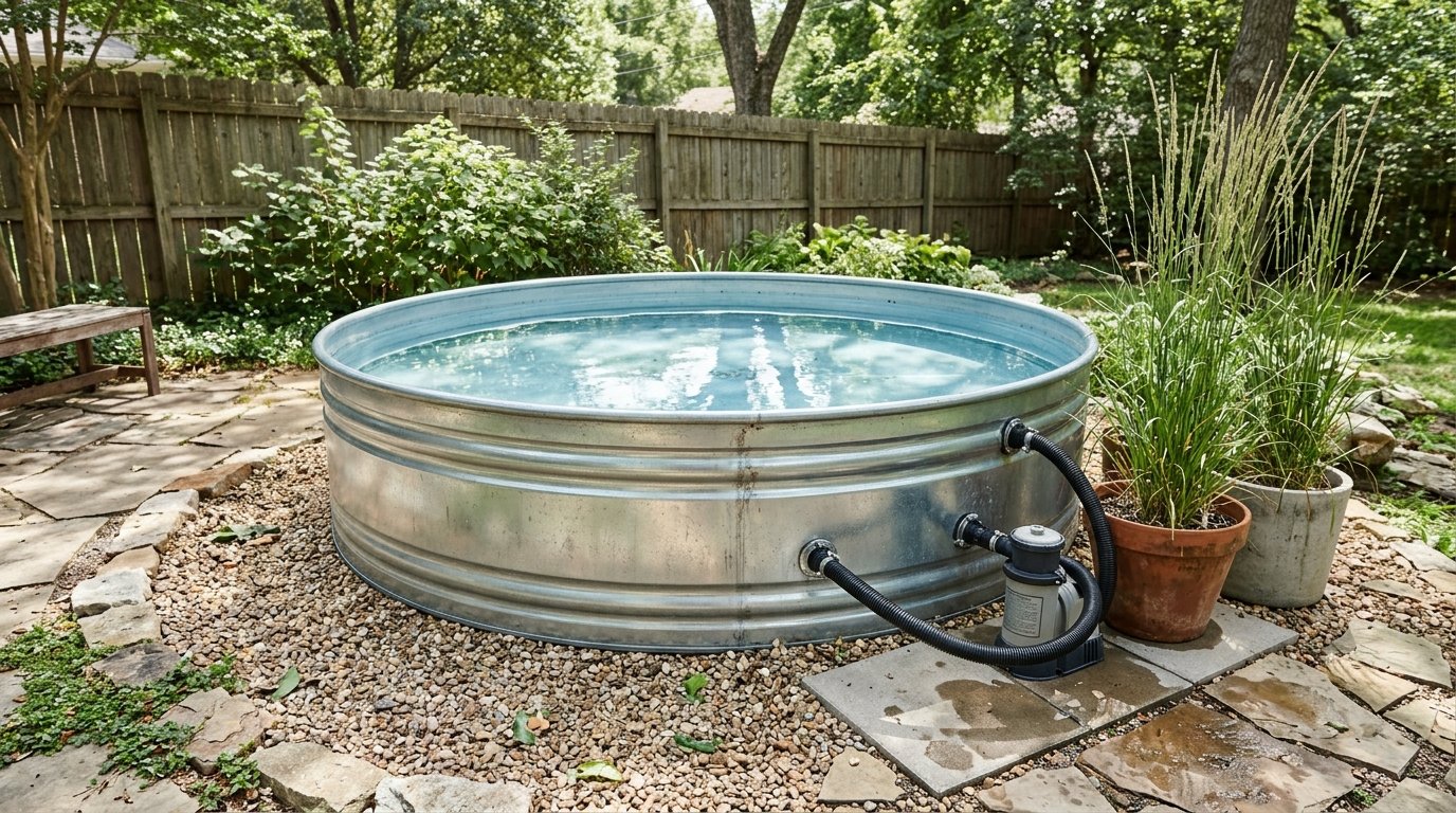 Above-ground filter pump connected to a galvanized stock tank pool
