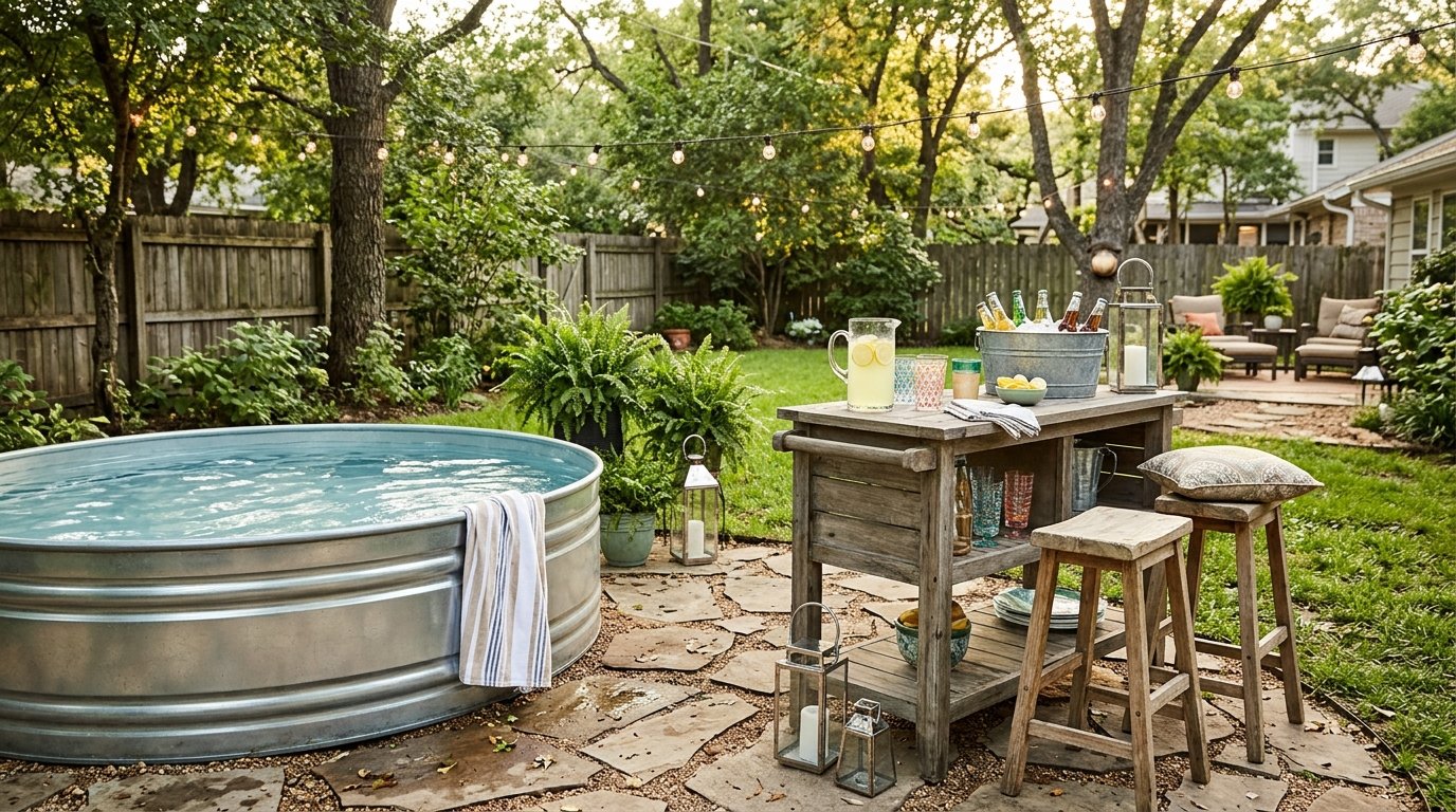 Outdoor bar cart and drinks station next to a stock tank pool