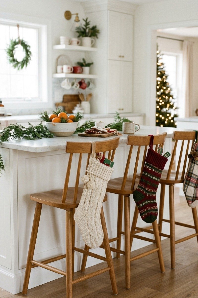 Christmas stockings hung on kitchen bar stools