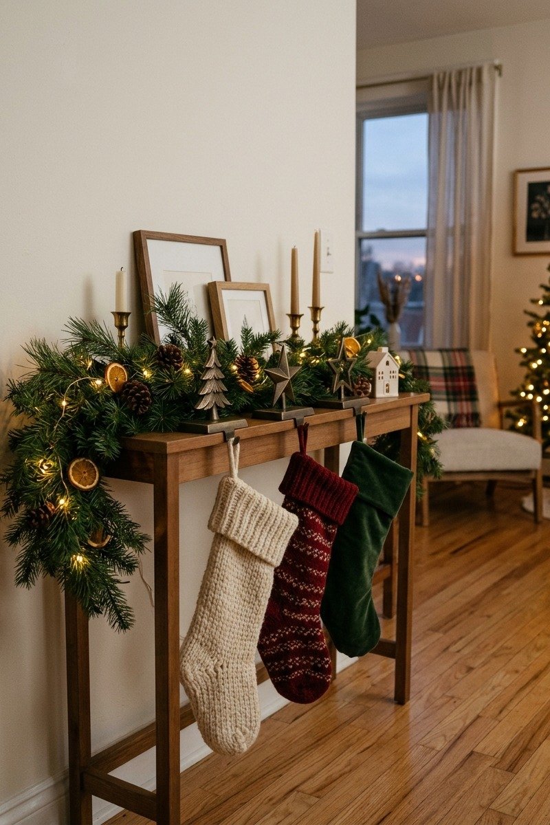 Christmas stockings hung on a wall shelf