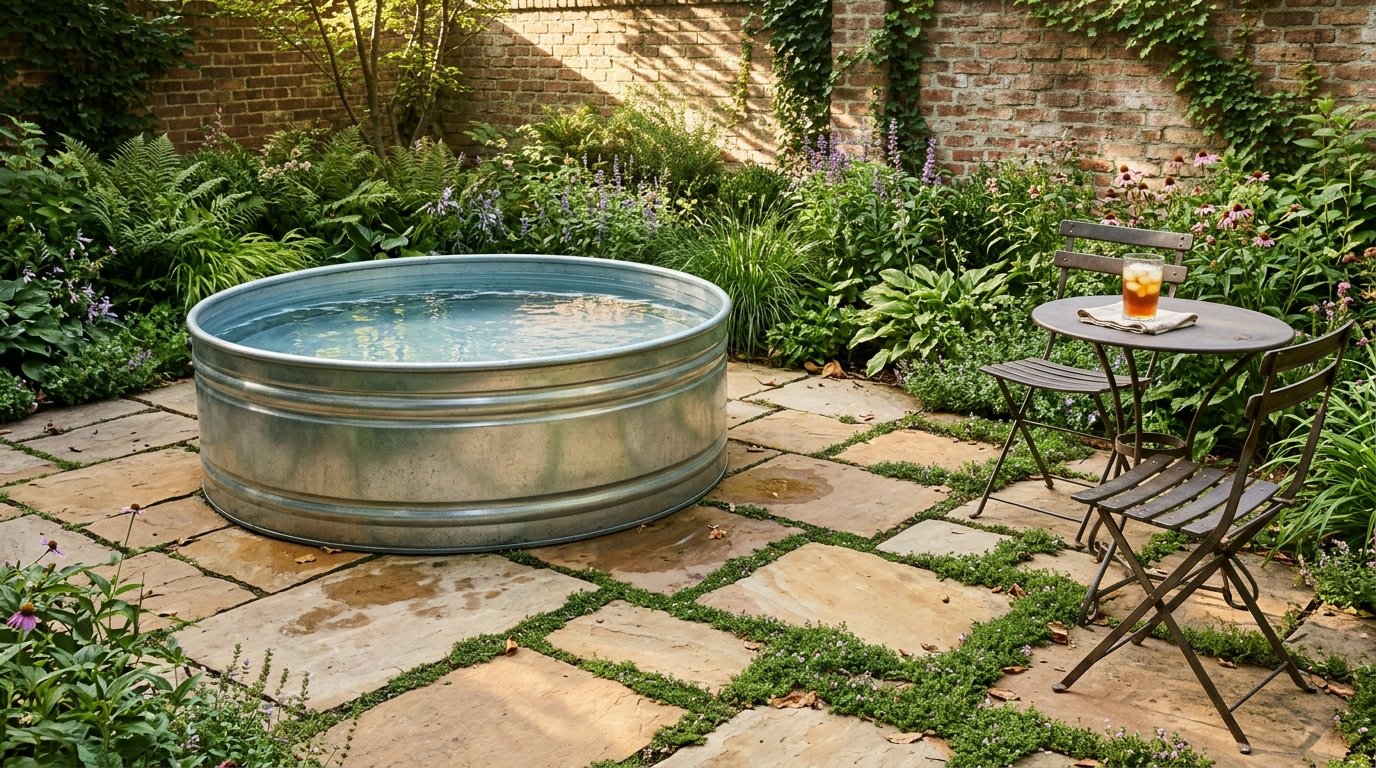 Stock tank pool on a large stone paver patio with creeping thyme between joints
