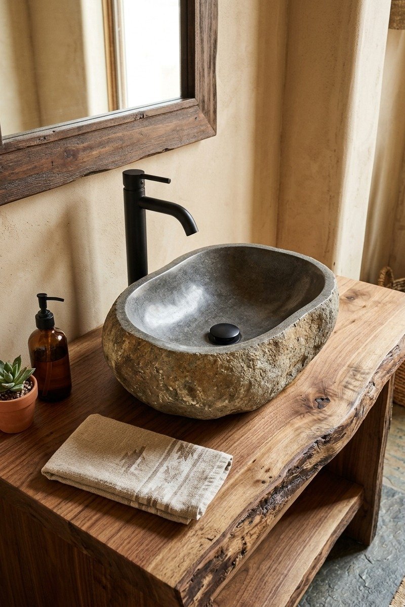 Natural stone vessel sink on wood vanity