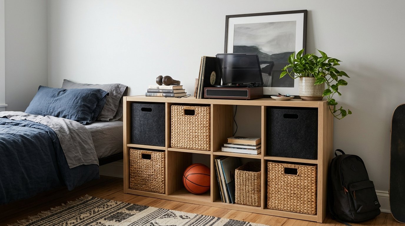 Woven baskets and canvas storage bins on a shelf unit in an older boys bedroom