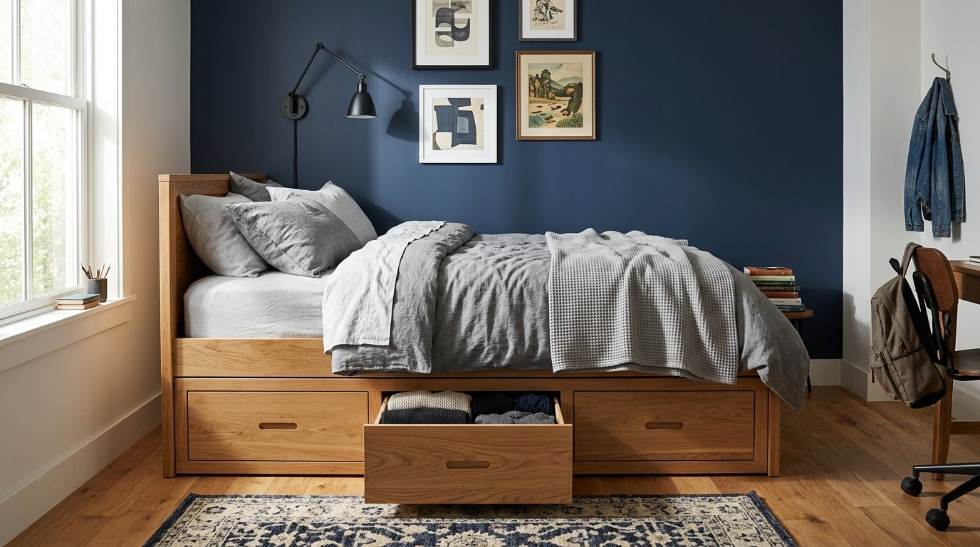Captain storage bed with large drawers underneath in an older boys bedroom