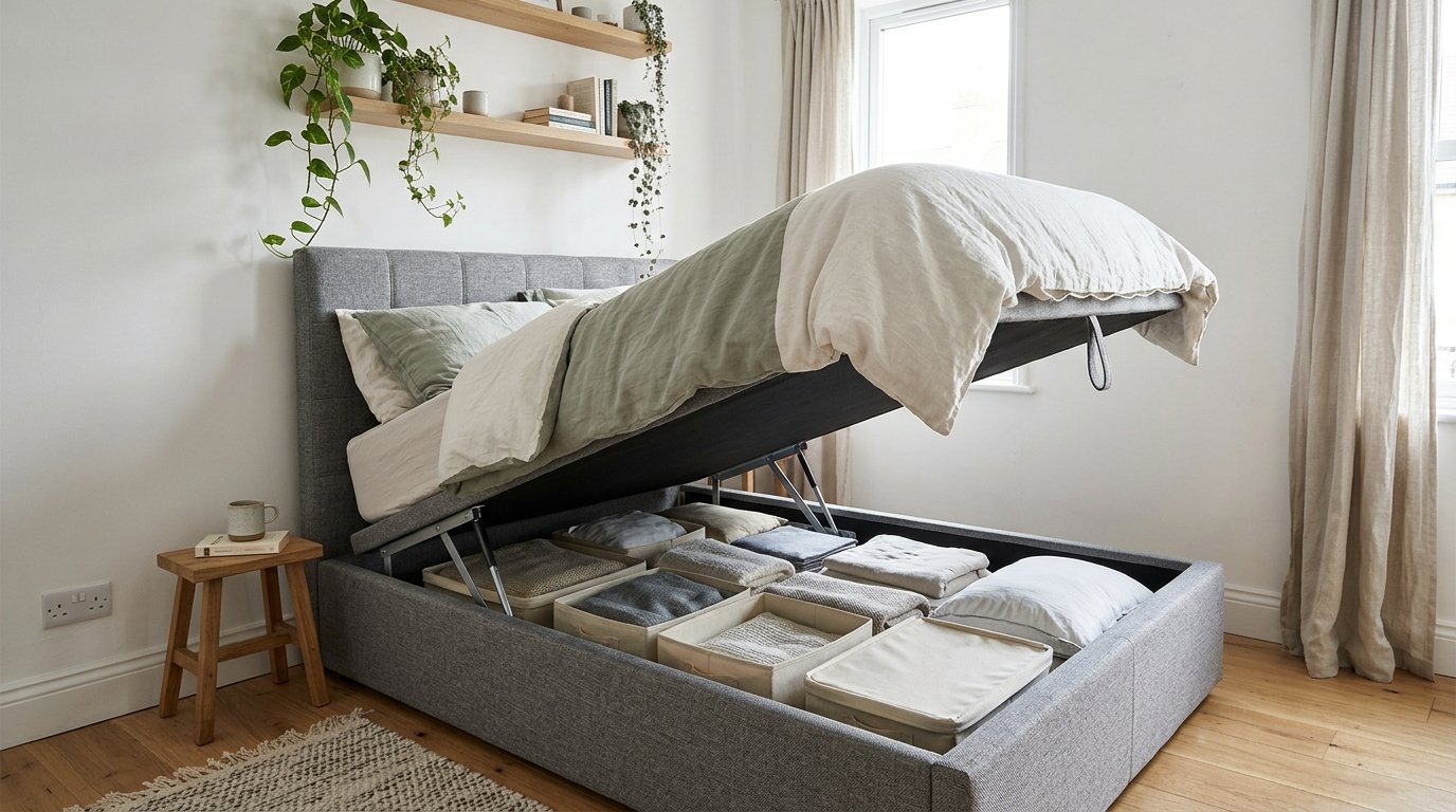 Lift-up storage bed with hidden compartment in a small bedroom