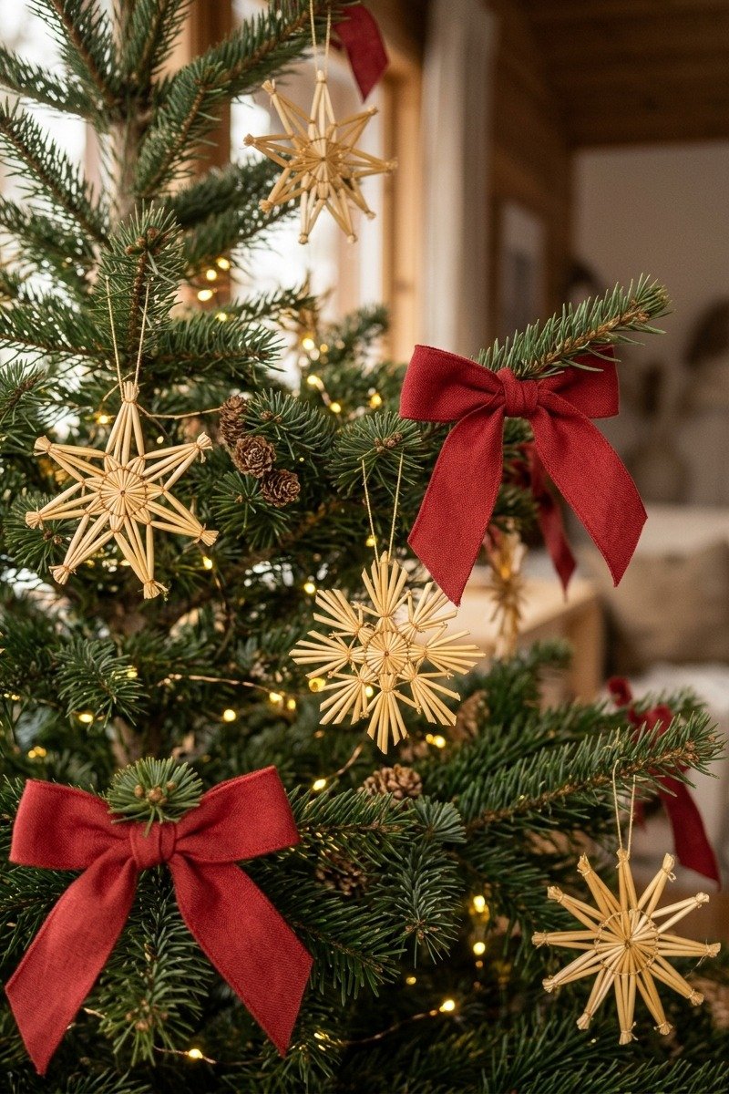 Straw star ornaments on a tree