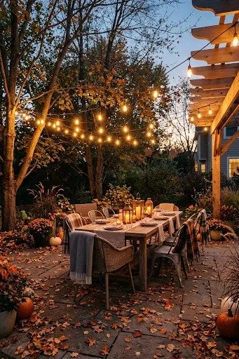 Patio with string lights overhead