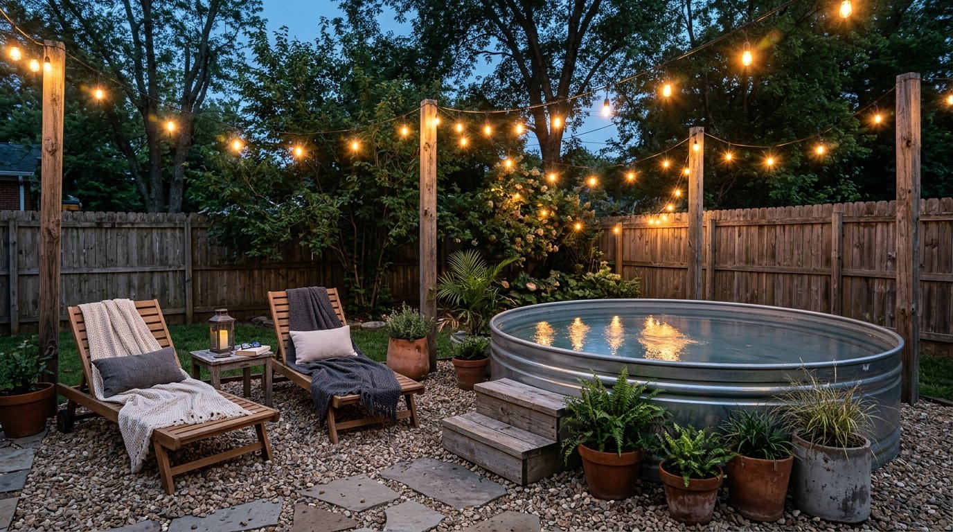 Stock tank pool at night with warm string lights overhead