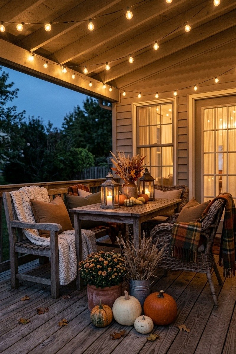Porch with warm string lights for Thanksgiving