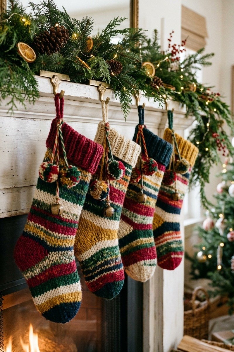 Striped stockings with pom poms on a mantel