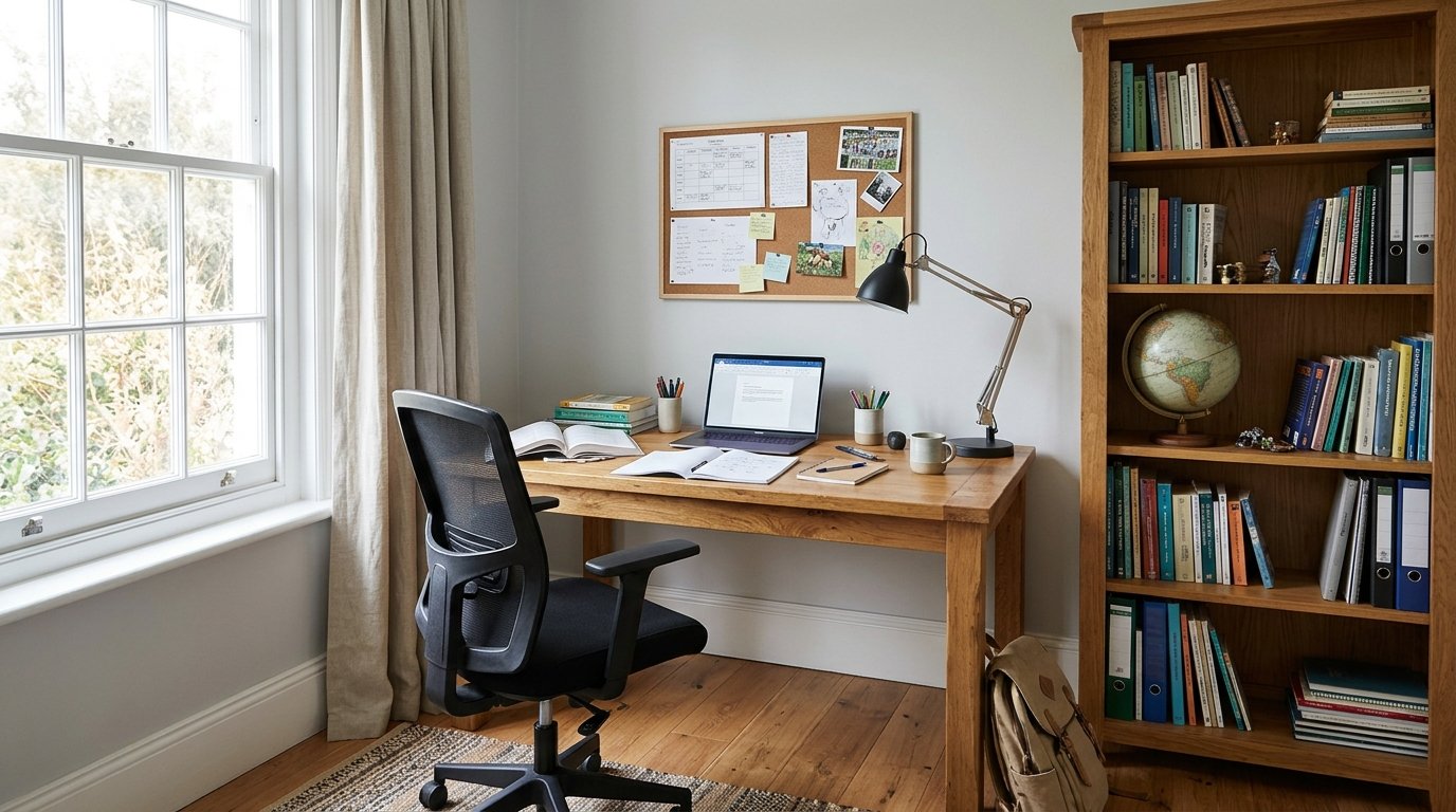 Study desk by a window with task lamp and bookshelves in an older boys bedroom