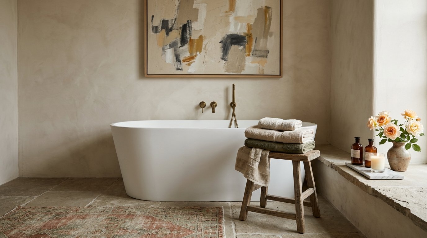 Styled luxury bathroom with framed art, vintage rug, Turkish towels and fresh flowers