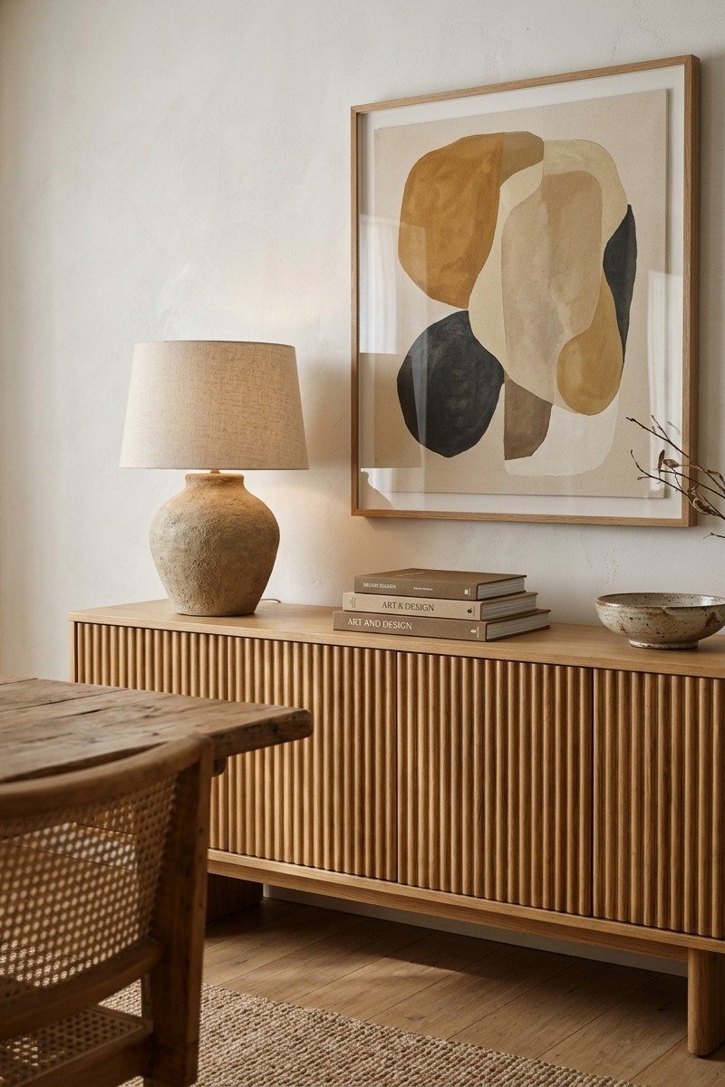 Styled wood sideboard with lamp and art in a dining room