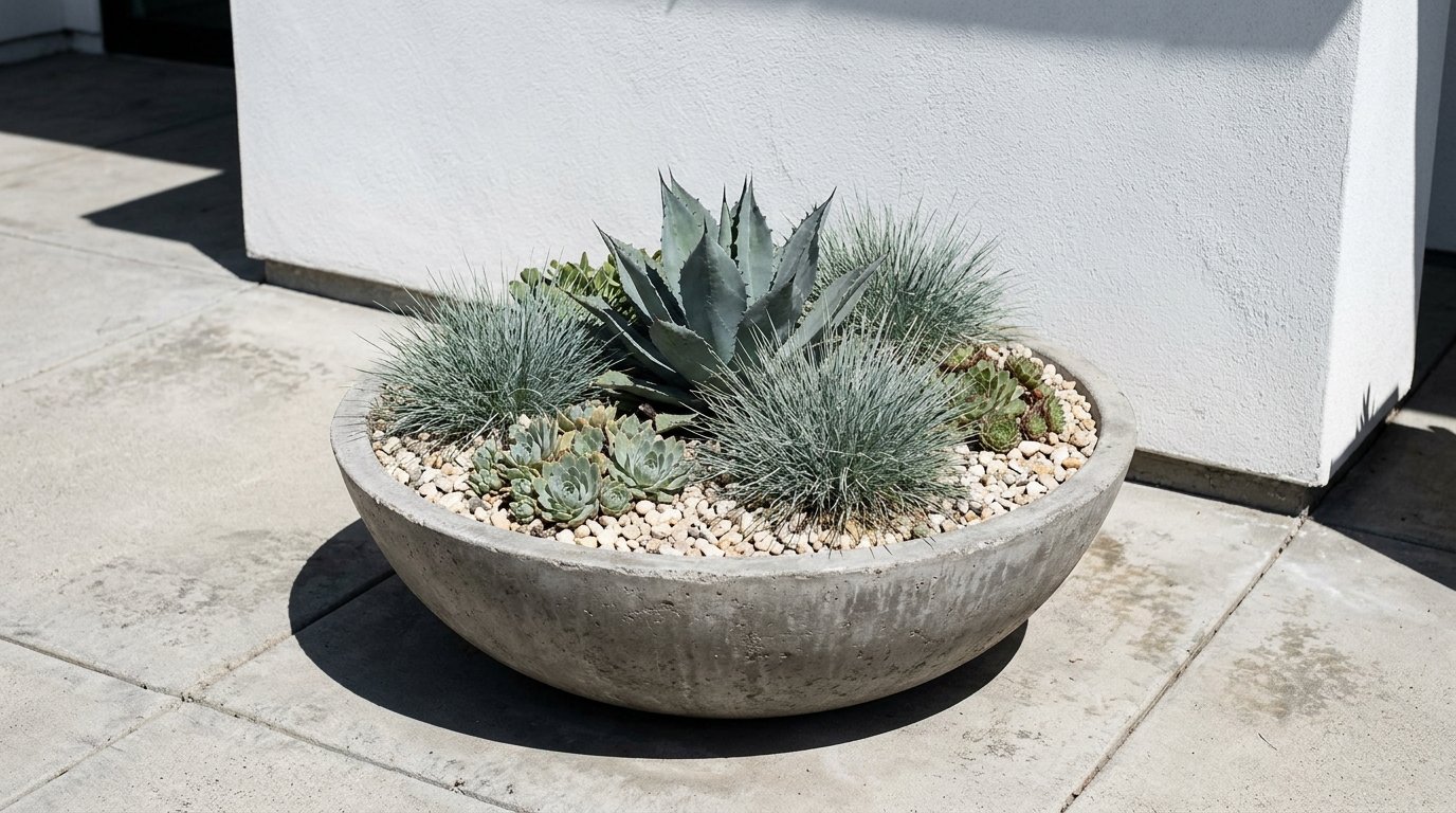 Concrete planter with agave, blue fescue grass and succulents