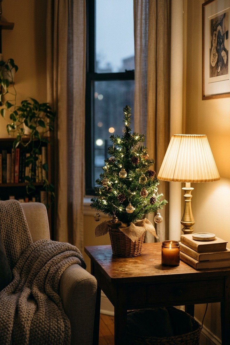 Tabletop Christmas tree on a side table