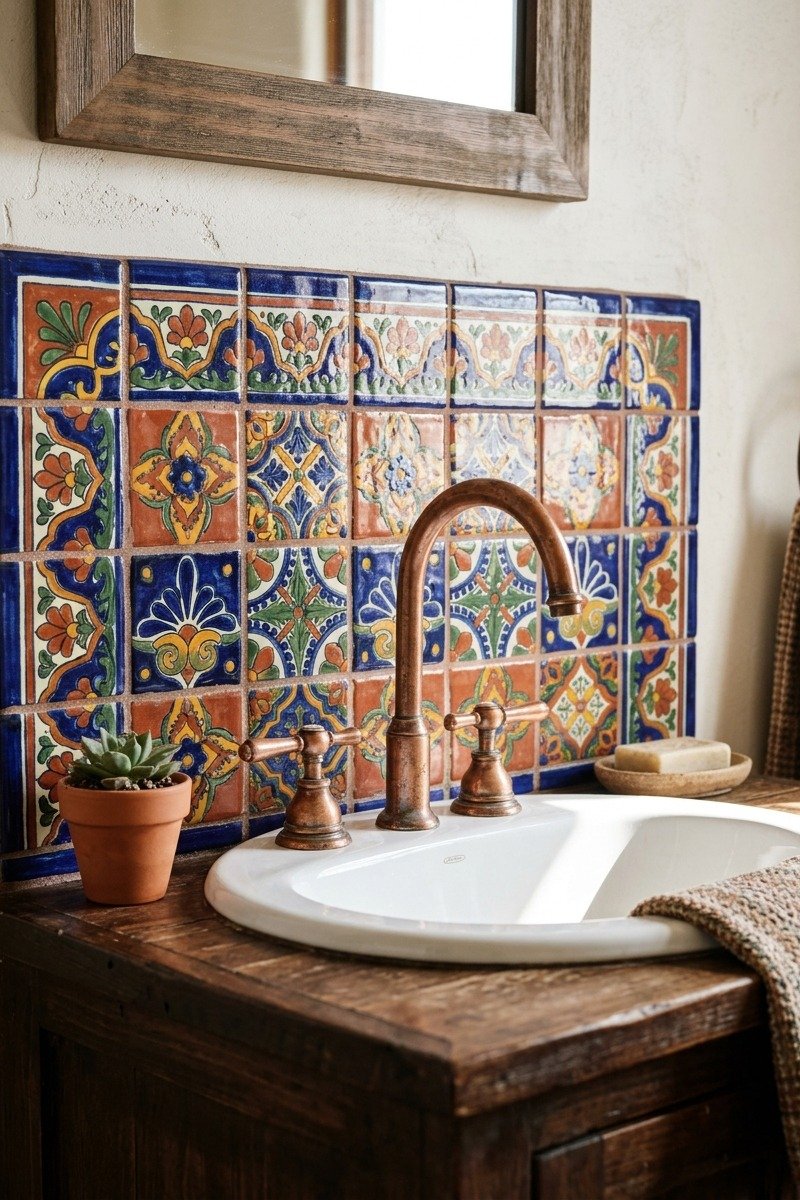 Talavera tile backsplash in a bathroom