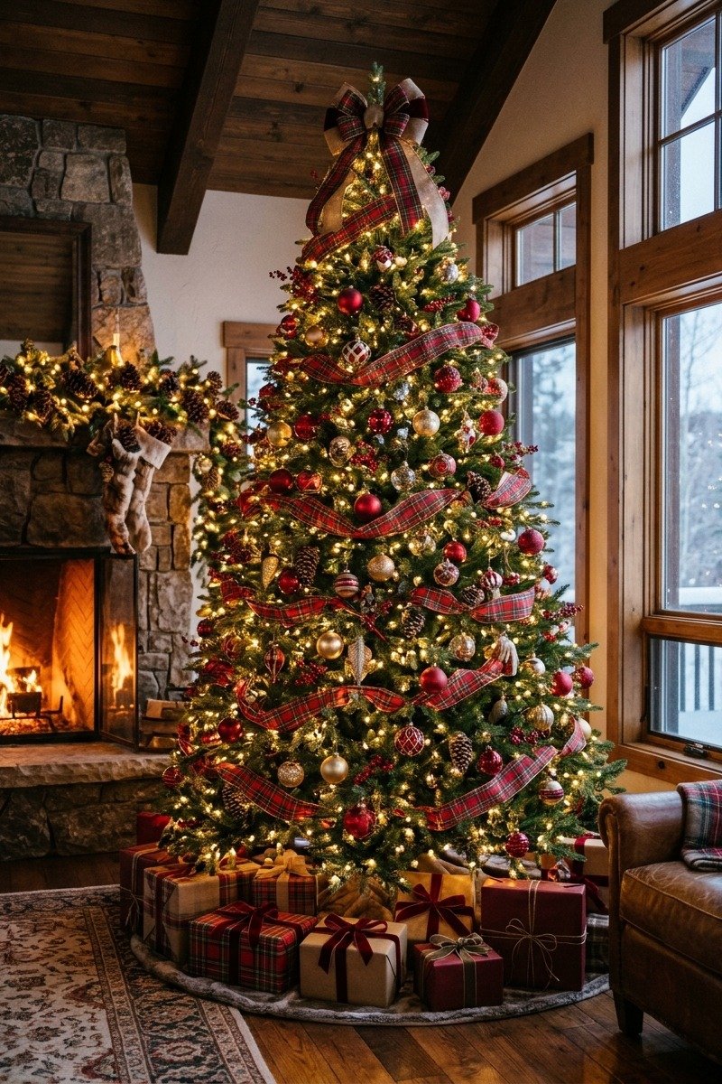 Tall Christmas tree with plaid ribbon and red ornaments