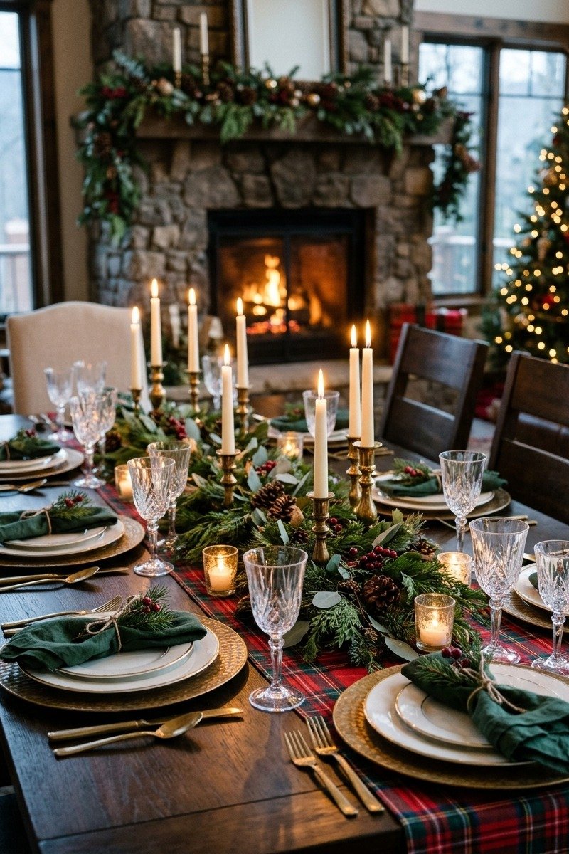 Christmas dinner table with tartan runner