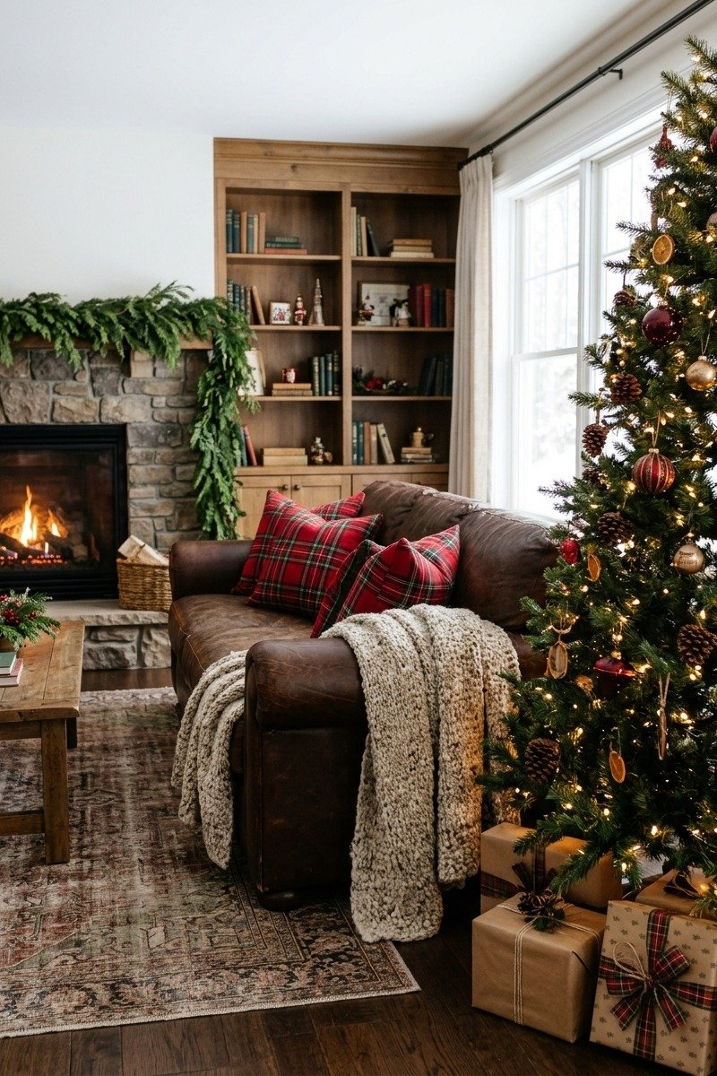Red tartan pillows and throw in a Christmas living room