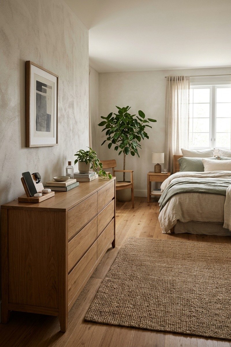 Calm tech-free bedroom with charging station
