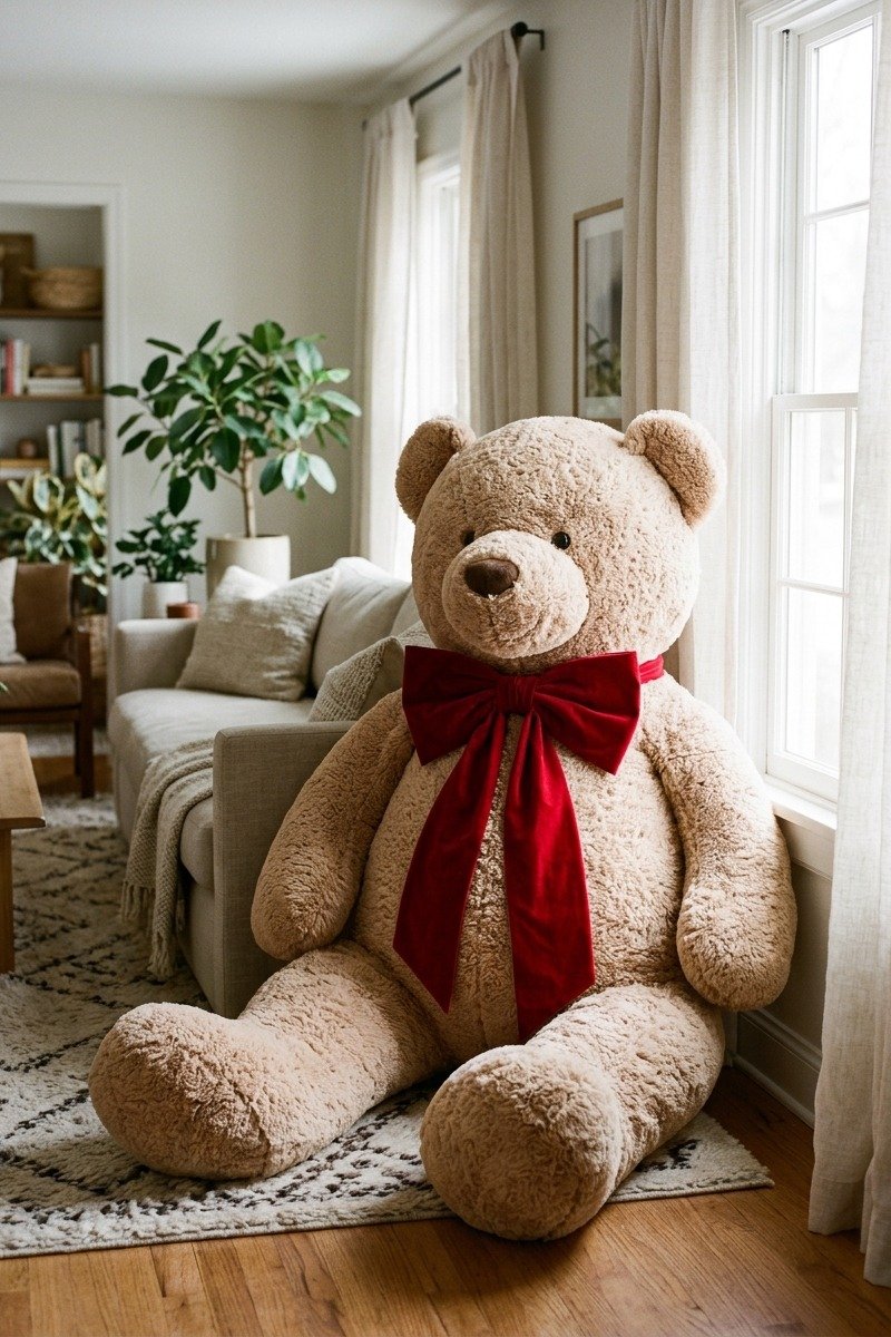 Giant teddy bear with a red bow gift