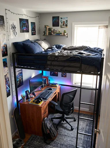 Full-size loft bed with a desk underneath in a small teen boy bedroom