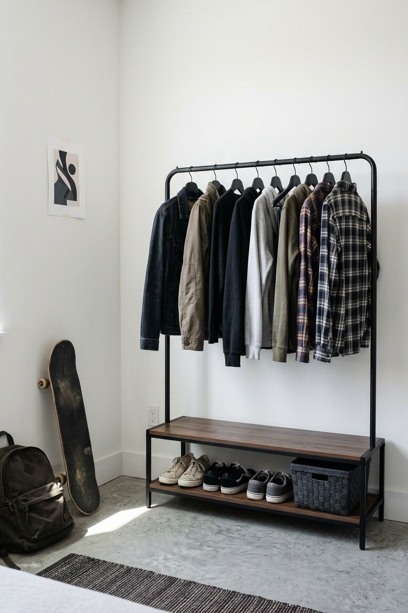 Black metal clothing rail with jackets and hoodies in a teen bedroom