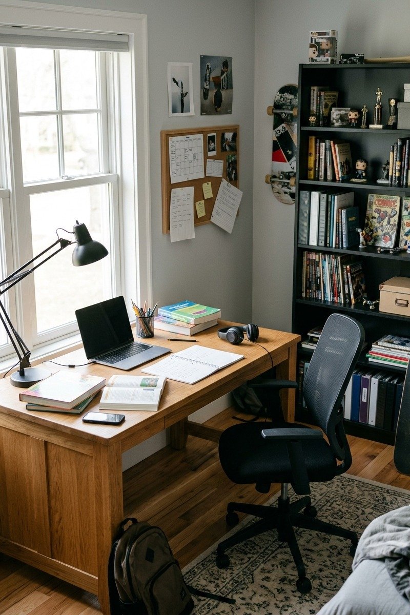 Large oak desk placed beside a window in a teen boy bedroom