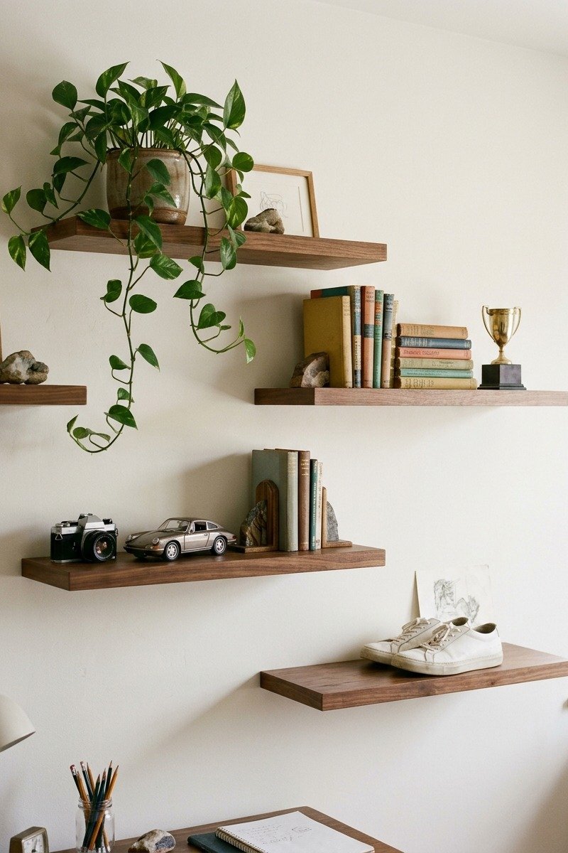 Staggered walnut floating shelves displaying books and sneakers