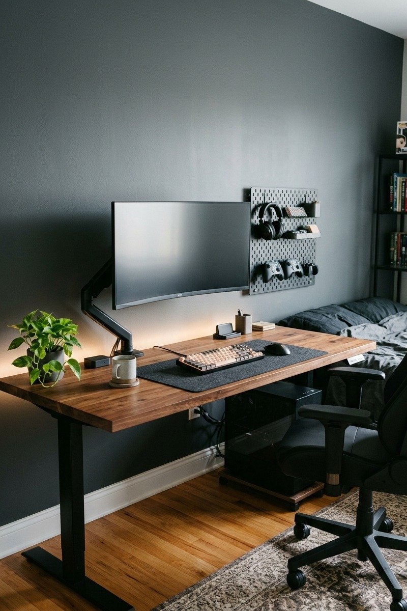 Clean modern gaming desk setup in a teen boy bedroom