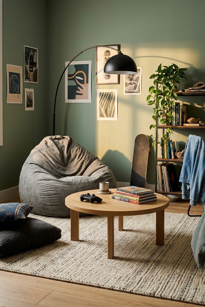 Hang-out corner with bean bag and floor lamp in a teen bedroom
