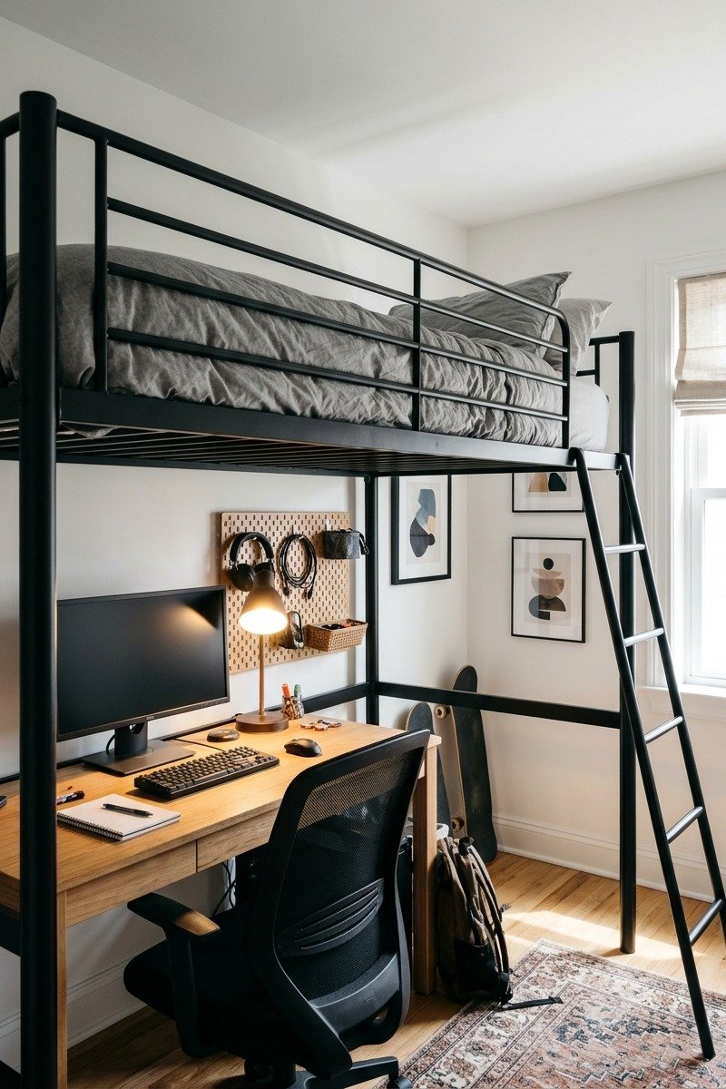 Black metal loft bed with a desk underneath in a small teen bedroom