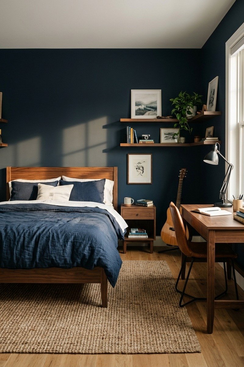 Teen boy bedroom with navy walls and warm walnut furniture