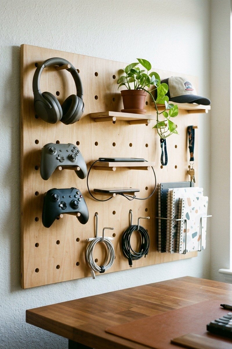 Wooden pegboard organizer above a teen boy's desk