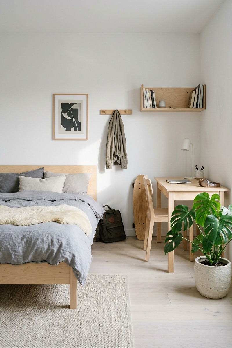 Scandinavian minimalist teen boy bedroom with birch bed