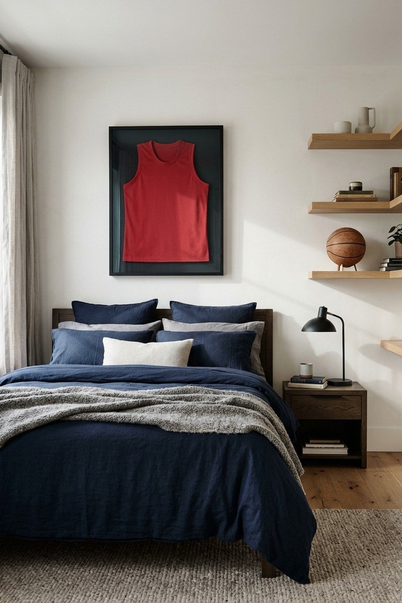 Grown-up sports themed teen bedroom with framed jersey