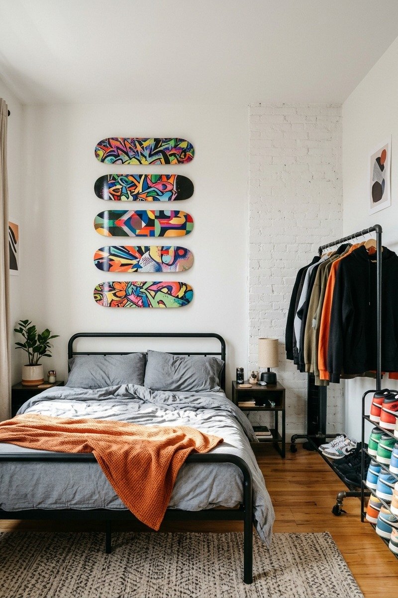 Streetwear style teen bedroom with skateboard decks on the wall