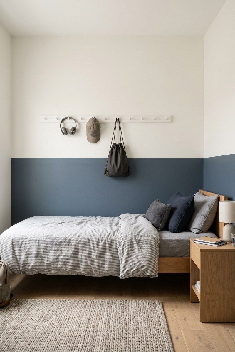 Two-tone painted wall in slate blue and white in a teen bedroom