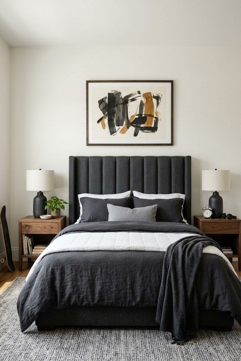 Grey upholstered headboard on a teen boy's bed