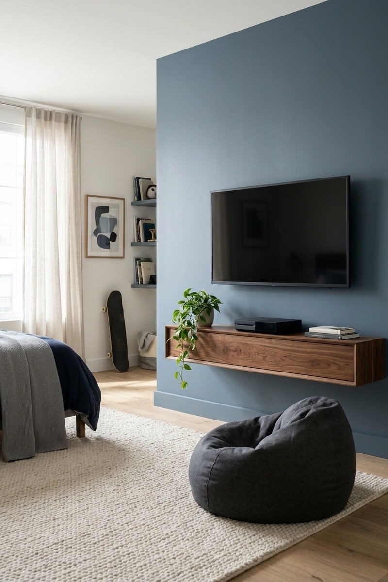 Wall-mounted TV over a floating media shelf in a teen bedroom