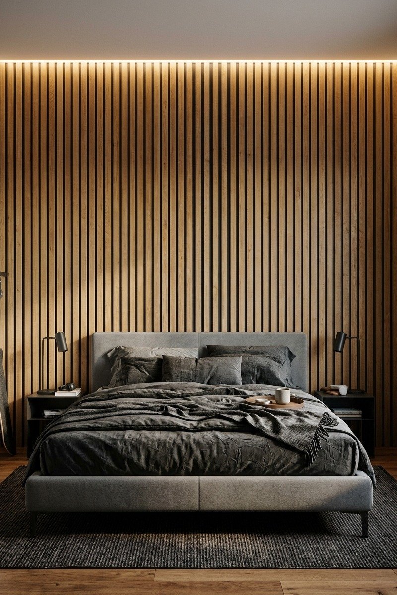 Vertical wood slat accent wall behind a bed in a teen boy bedroom