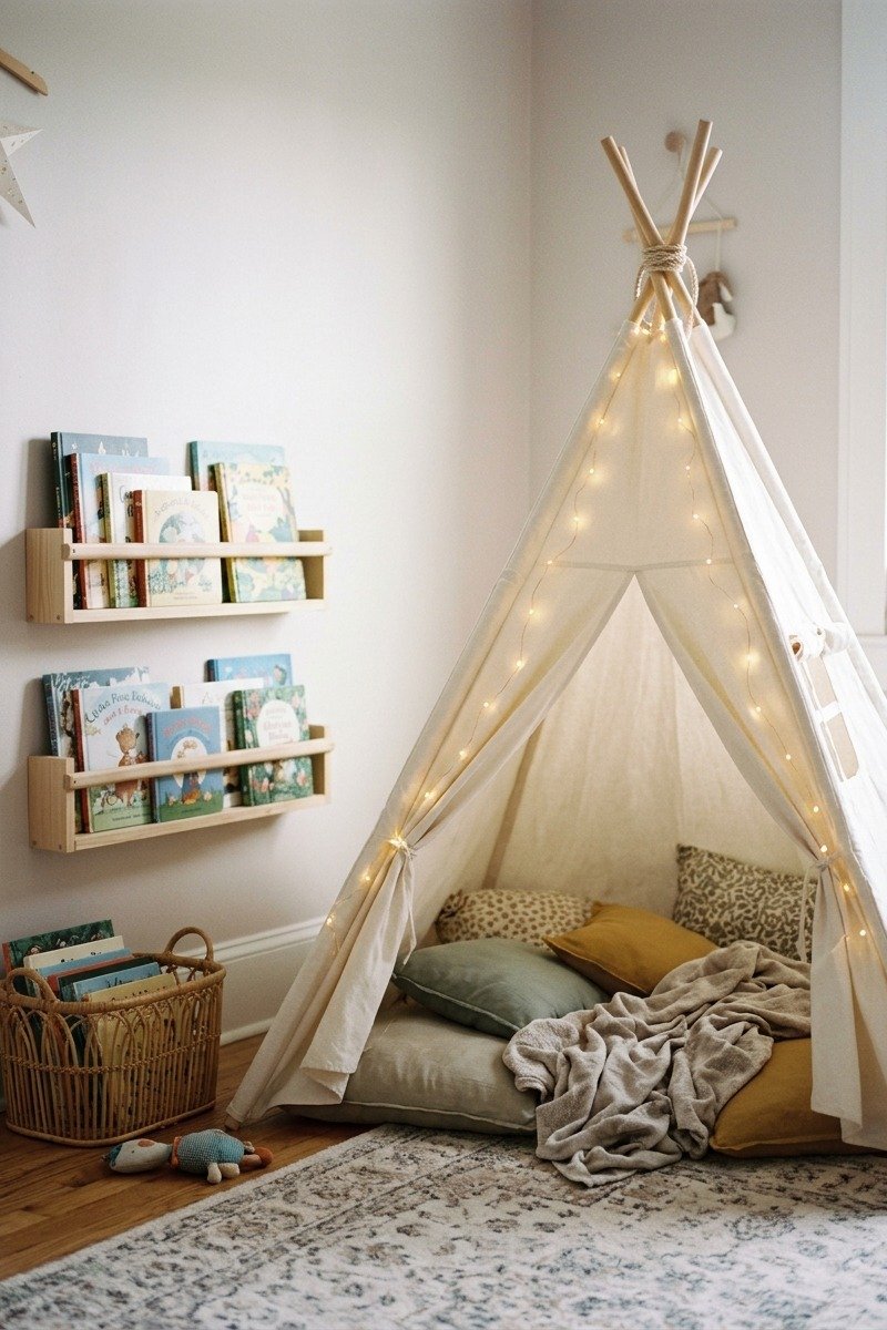 Teepee reading nook with cushions in a boys bedroom