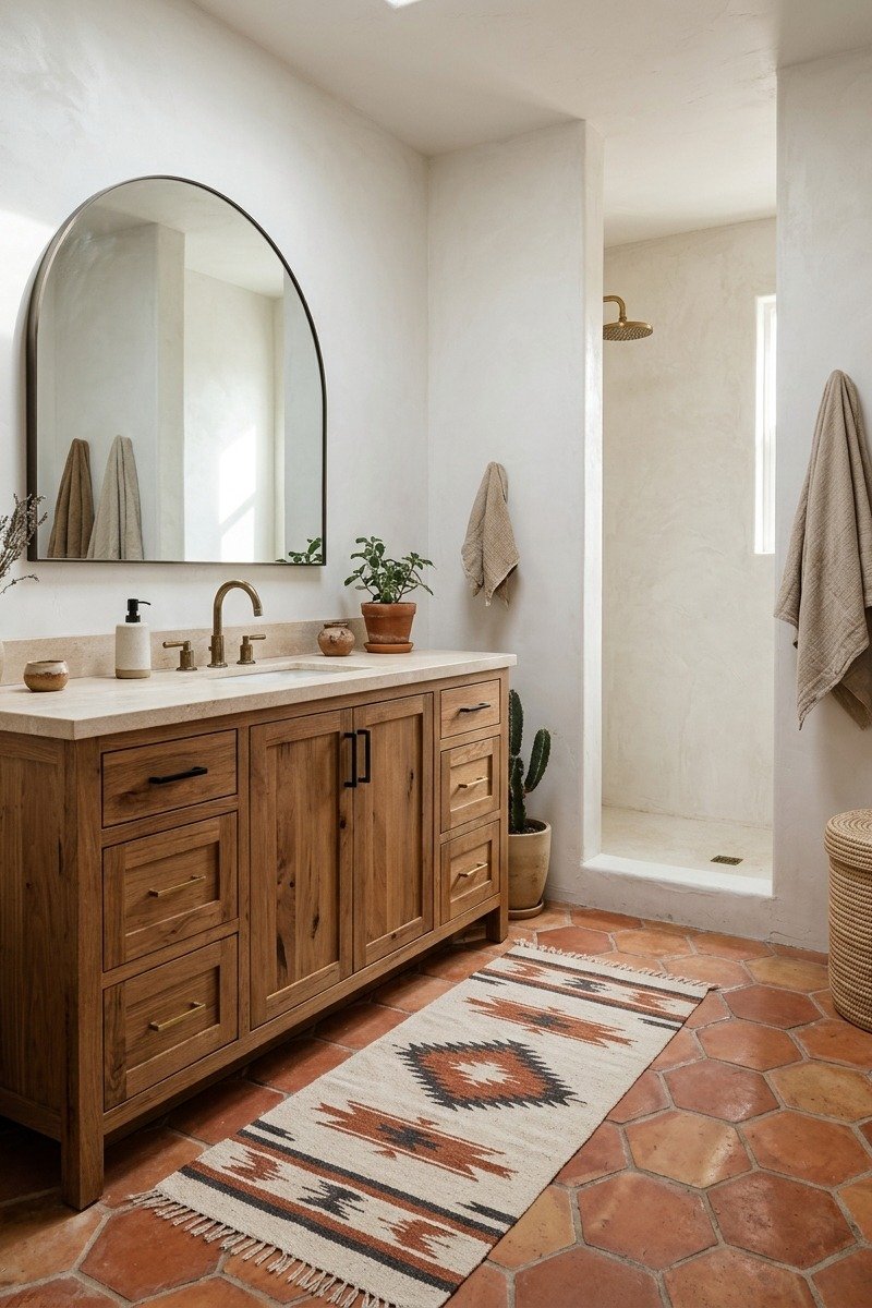 Southwestern bathroom with terracotta floor tiles