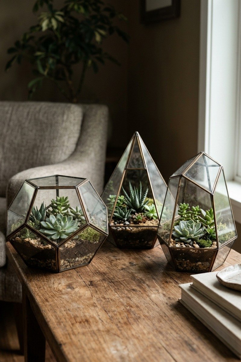 Glass terrariums on a side table