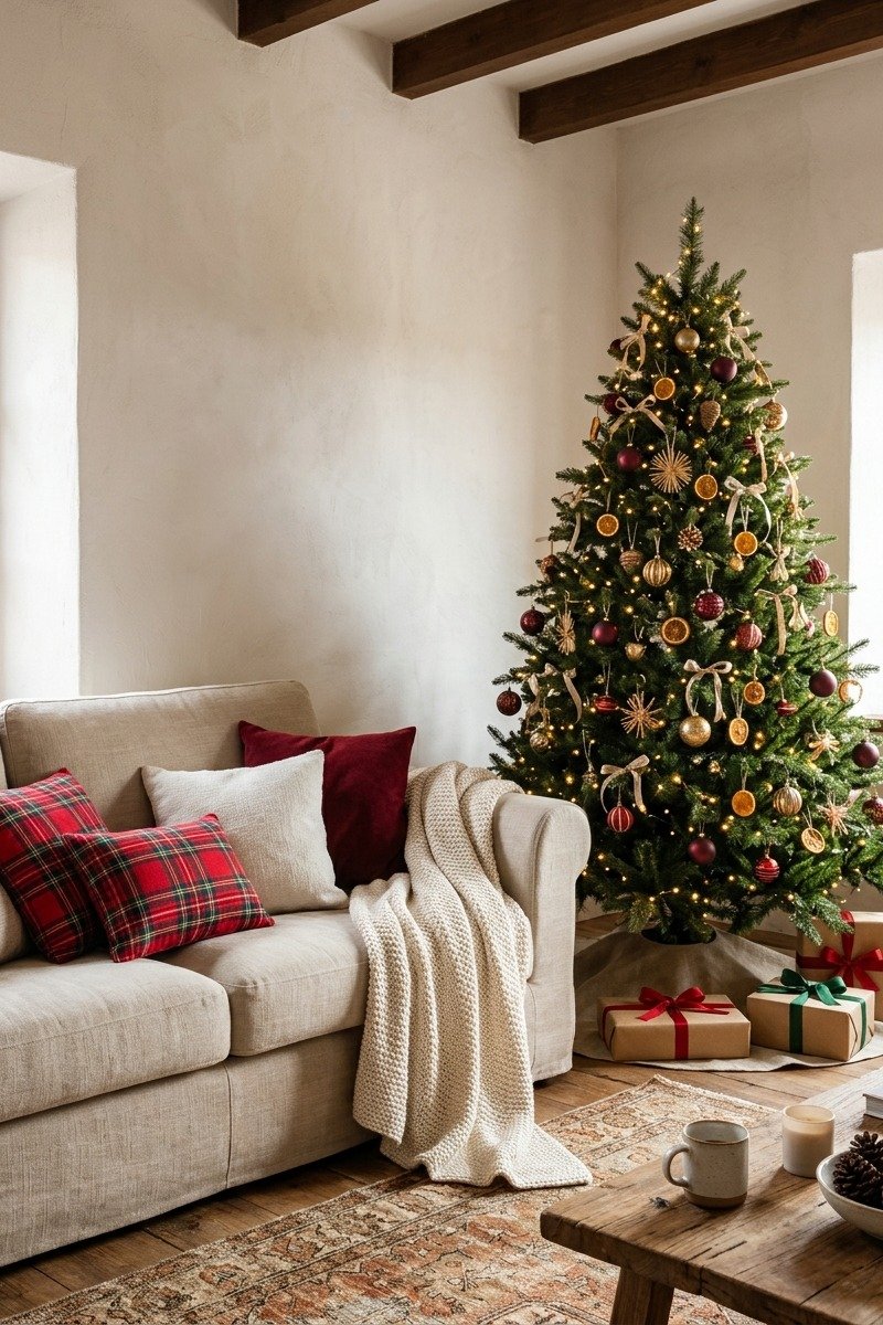 Sofá con cojines de cuadros navideños
