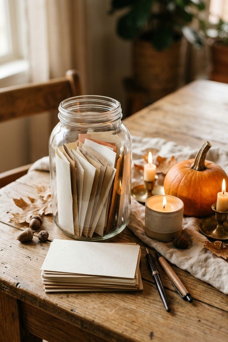 Thankful jar with paper slips on a table