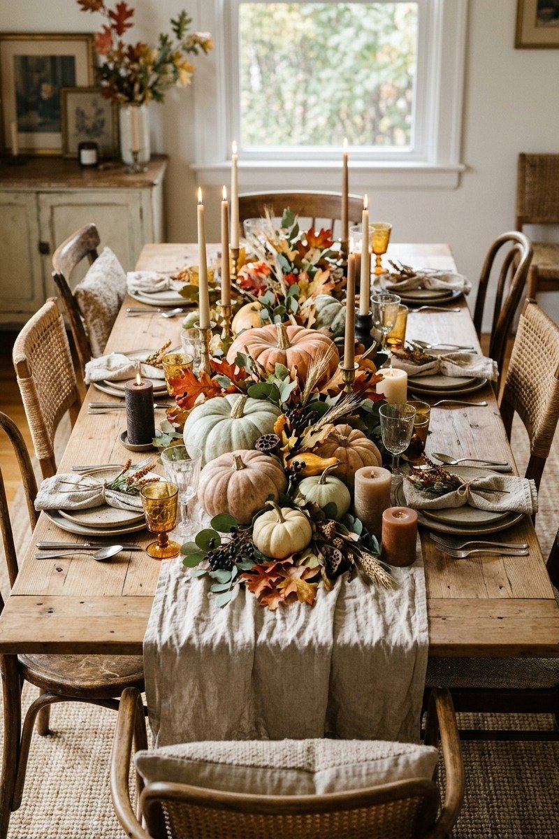 Thanksgiving dining table centerpiece with candles