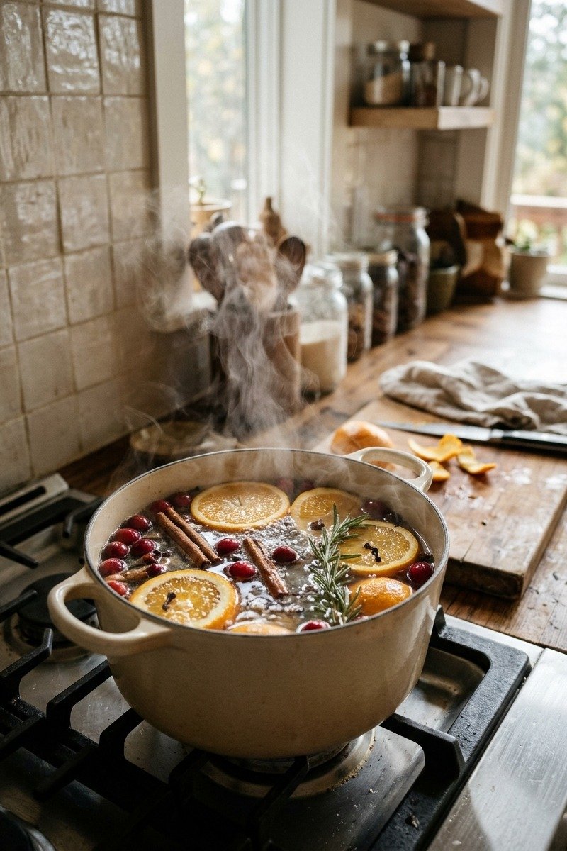 Simmer pot with oranges, cranberries and cinnamon